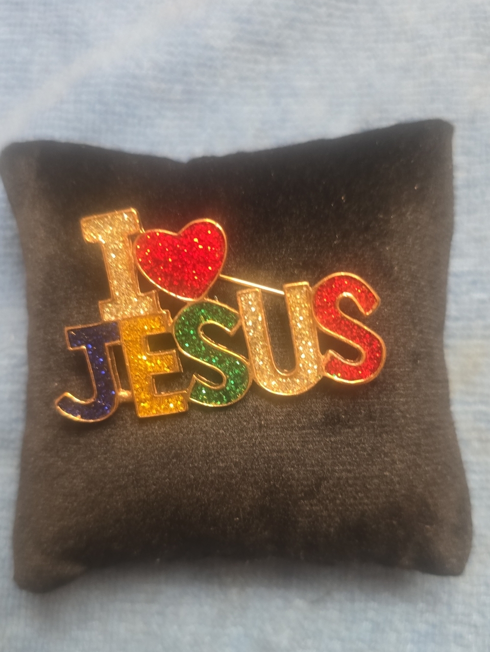 Multicolor 'I Love Jesus' Glitter Pin Brooch